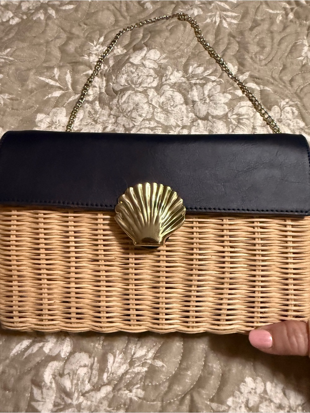 Talbots Navy Leather Wicker Shell Clutch Gold Chain Crossbody Bag